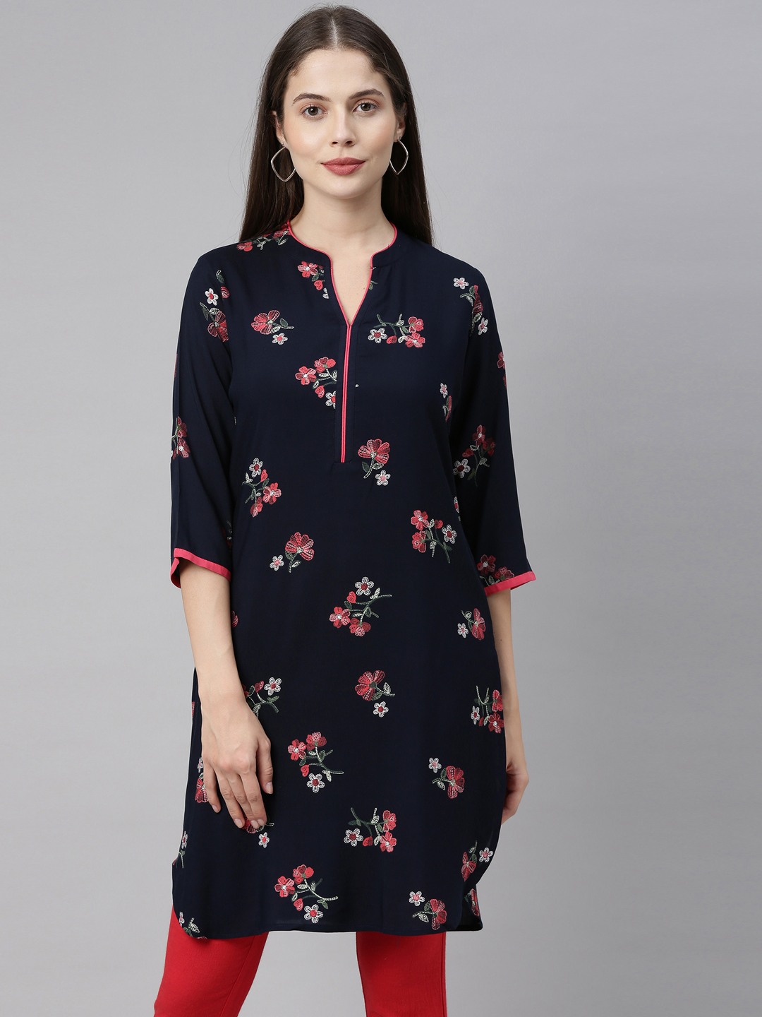 Neerus Navy Blue Floral Printed Straight Kurtis